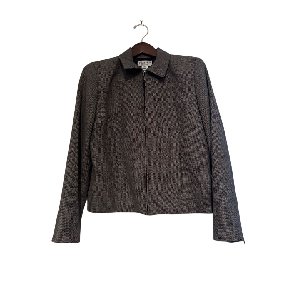 Pendleton Womens Grey Brown 100% Virgin Wool Zip Front Jacket Size 10 Made n USA